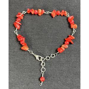 Handmade Peruvian Red Coral Anklet Beads and Chips with Silver Wire Boho Style